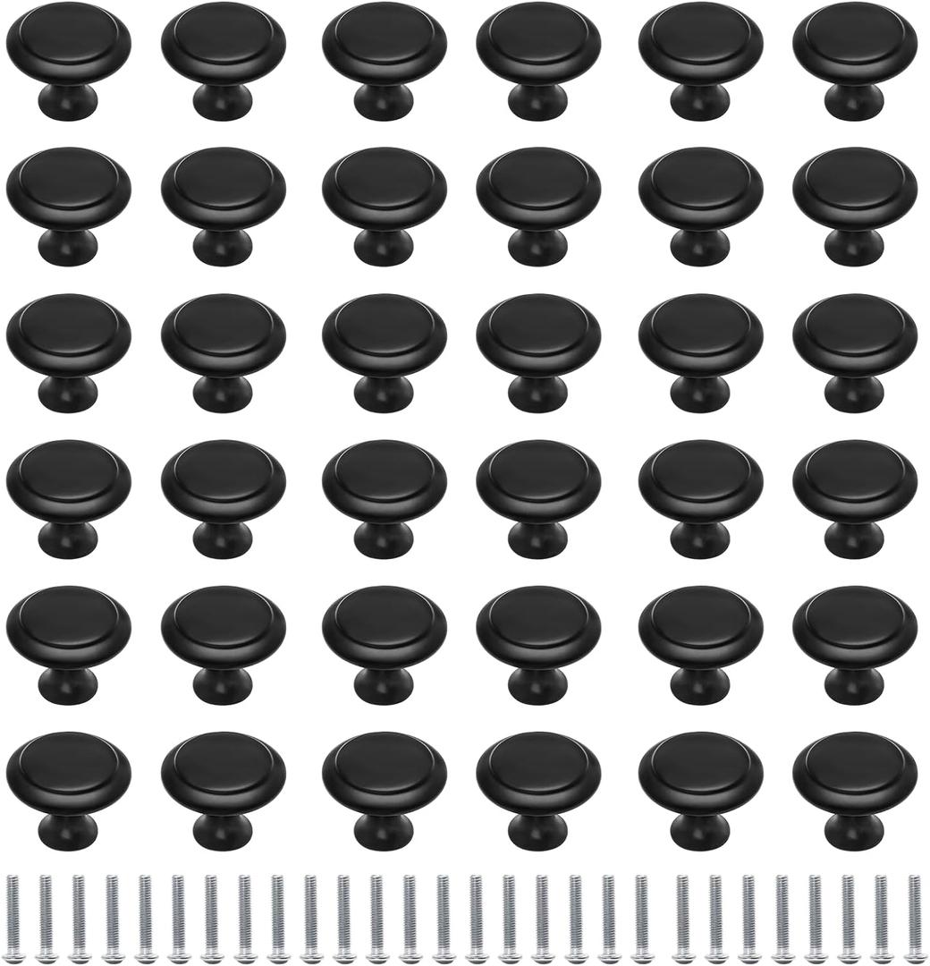 36 Pack Round Cabinet Knobs 1.05 Inch Drawer Pulls with Screws for Kitchen Cabinet Knobs Dresser and Door Handles Knob, Black