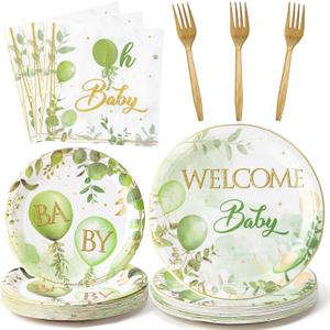 96Pcs Welcome Baby Greenery Baby Shower Sage Green Balloon Party Plates Supplies Tableware Decorations Disposable Paper Plates Napkins Forks for Birthday Gender Reveal, Serves 24
