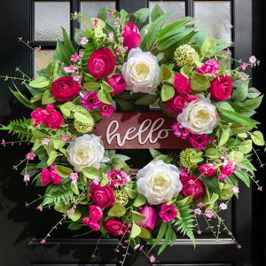 Pinkpuii Spring Wreaths for Front Door Outside 24 Inch Spring Summer Wreath with Vibrant Pink Peony,Tulip & White Rose Flowers and Hello Wooden Sign,Ideal for Farnhouse Porch,Wall,Window Dcor