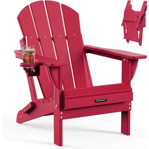 MUCHENGHY Folding Adirondack Chairs, Patio Chairs, Lawn Chairs, Outdoor Chairs, Adirondack Chair Plastic, Fire Pit Chairs, Weather Resistant with Cup Holder for Deck, Backyard, Garden(Red), 32.9D x 29.4W x 35.8H in