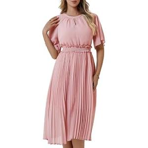 Bbonlinedress Womens Summer Wedding Guest Dress Casual Smocked Flowy Chiffon Short Sleeve Pleated Midi Dresses Blush S