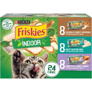 Purina Friskies Indoor Cat Food 24ct VP - (Chicken and Turkey Casserole, Saucy Seafood Bake, Homestyle Turkey Dinner) - (Pack of 24) 5.5 oz. Cans (EXP 04/30/28)
