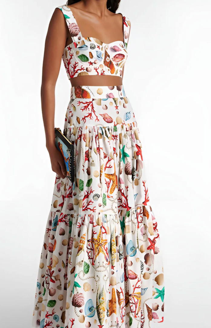 Seafood Watercolor Novelty Women's Printed Pleated Skirt Set Long Summer Maxi Skirt