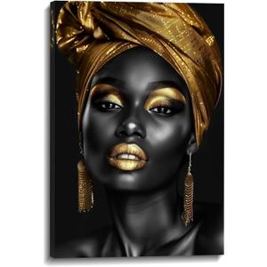 Women Canvas Wall Art African American Picture Wall Decor Black and Gold Girl Painting Portrait Prints Abstract Artwork for Living Room Bedroom Home Decor Framed(Art-9,16.00x24.00 inch)