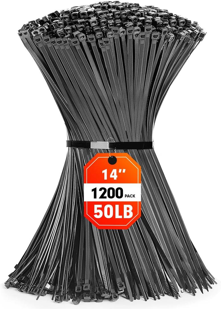 Zip Ties, RAZCC 1200pcs Black Cable Zip Ties 14 Inch, Heavy Duty Plastic Wire Ties with 50lb Tensile Strength, Self-Locking Black Nylon Tie Wraps for Indoor and Outdoor (Wideth 0.18")