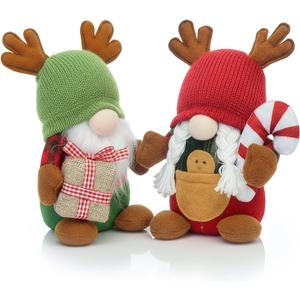 2PCS Christmas Gnomes Plush Decorations, Set of 2  Scandinavian Tomte Elf Gnomes with Gift & Candy Cane, Swedish Nordic Holiday Home Decor for Xmas