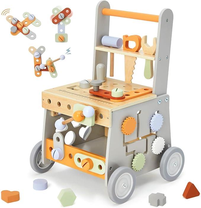 labebe Wooden Baby Walker, Baby Push Walker, Tool Toy for Toddlers, Adjustable Speed Baby Walker with Wheel, Learning Activity Walker for Girls Boy