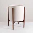 Mid Century Pot with Walnut Wood Stand - 12 inch Indoor Large Ceramic Planter for Plants, Flower, Small Tree with Drainage - Modern Wood Pots Holder - Walnut Wooden Legs - White