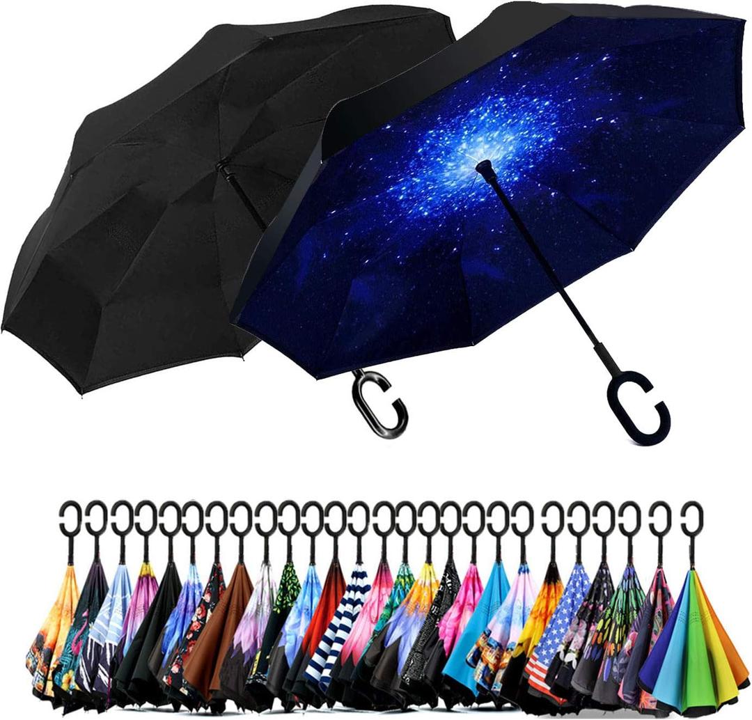 49 Inch Inverted Reverse Upside Down Umbrella, Extra Large Double Canopy Vented Windproof Waterproof Stick Golf Umbrellas with C-shape Handle