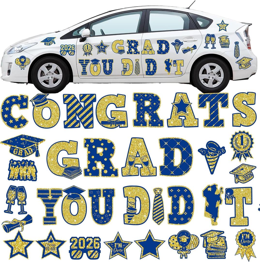 Gilprop 37 Pcs Graduation Car Magnets Decorations Graduation Cruise Door Magnets, Class of 2026 Car Stickers Congrats Grad Magnetic Sticker for Carnival Party Garage Fridge(Multiple Size, Blue Gold)