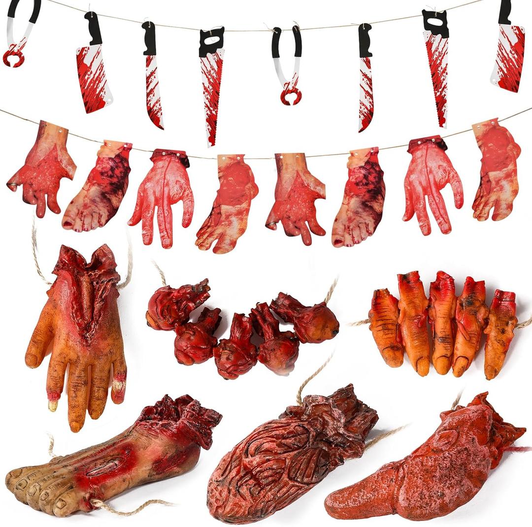 Halloween Decorations Blood Weapon Garland Banner Props Hanging Scary Fake Severed Hand Broken Body Parts for Haunted House Halloween Vampire Zombie Party Supplies (6pcs Body Parts)