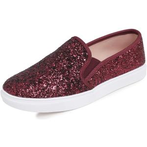 FEVERSOLE Women's Fashion Slip-On Sneaker Casual Flat Loafers (9.5, Burgundy Glitter)