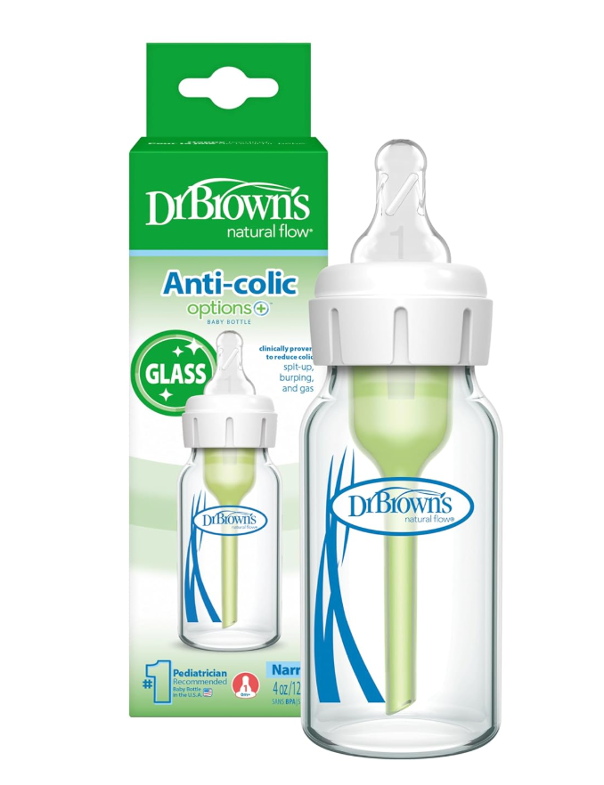 Dr. Brown's AntiColic Options+ Narrow Glass Baby Bottle with Level 1 Slow Flow Nipple, BPAFree, 4 oz/120mL, 4Pack