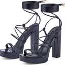 Elisabet Tang Women's Strappy Heeled Sandals, 5 inch Platform Heels Chunky Lace up High Heels Open Toe Party Shoes (7, Black Patent)