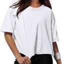 XIEERDUO Cotton Tshirts for Women Drop Shoulder Round Neck Oversized Crop Tops Workout Tops Tees (Medium, A White)