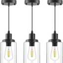 Industrial Pendant Lights, Modern Clear Glass Shade Pendant Lighting, Black Pendant Light Fixtures Ceiling Light, Farmhouse Pendant Lighting for Kitchen Island Hallway Porch Corridor Bedroom, 3-Pack