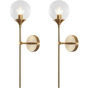 KCO Lighting Gold Globe Wall Sconce Mid Century Modern Glass Wall Light Fixtures Bathroom Mirror Vanity Wall Lamp Set of Two for Living Room Bedroom (Clear)