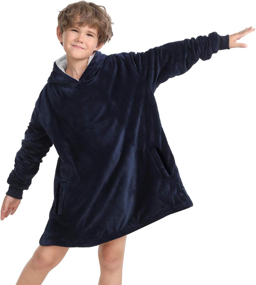 LetsFunny Blanket Hoodie, Oversized Wearable Sherpa Fleece Blanket Sweat shirt, Super Soft Warm Cozy with Giant Pocket, Gifts for Women Men Adults Teenagers Kids, One Size Fits All (Blue)