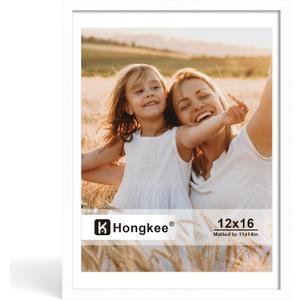 Hongkee 12x16 Picture Frame, Made of Solid Wood with Real Glass, Display Pictures 11x14 with Mat or 12 x 16 without Mat - Wall and Tabletop (White, 1 Pack)