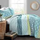 Lush Decor Bohemian Stripe Reversible Cotton Quilt Set, 3 Piece Set, Full/ Queen, Blue & Green - Striped Bedding Set - Blue Quilts Queen Size - Boho Decor