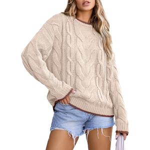 EVALESS Sweaters for Women Trendy Crewneck Long Sleeve Color Block Sweater Tops Casual Fall 2025 Chunky Cable Knit Pullover Sweaters Comfy Warm Loose Fit Clothes Beige Large
