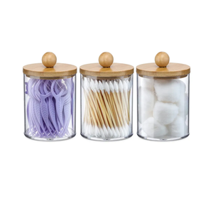 Apothecary Jar Canisters Bathroom Vanity Organizer - Qtip Holder Storage Organizer Countertop -Stainless Steel Lids &Cute Stickers for Qtips,Cotton Swabs,Makeup Sponges,Floss(3 Pack) (Gold)