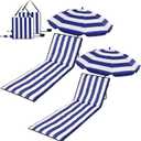 2 Set Beach Chairs with Umbrella Portable Beach Lounger Lightweight Foldable Outdoor Lounger Chair for Adult Outdoor Travel Sunbathing Camping Easy to Fold and Carry (Dark Blue,Stripe Style)