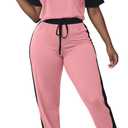 LovelyWholesale Women Jogging Suits 2 Piece Set Short Sleeve Color Block Tops and Jogger Pants Pink Large (Pink, L)
