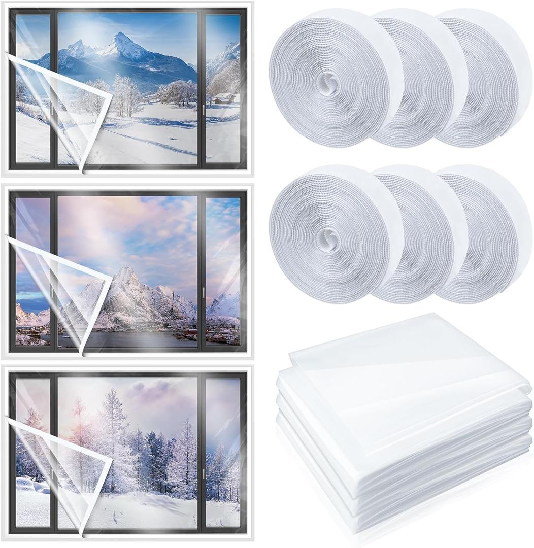 3 Sets 47 x 63 Inch Window Insulation Kit Cuttable Transparent Film with Adhesive Straps Reusable Window Plastic for Patio Winterizing Thicken Warm Winter Waterproof Attic Insulation Cover