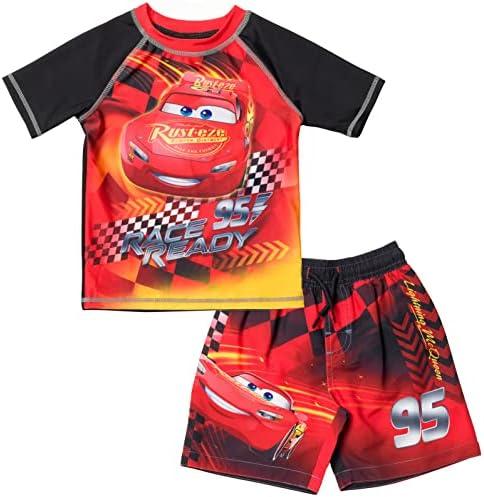 Disney Cars UPF 50+ Rash Guard Shirt and Swim Trunks Outfit Set Toddler to Little Kid Sizes (7-8)