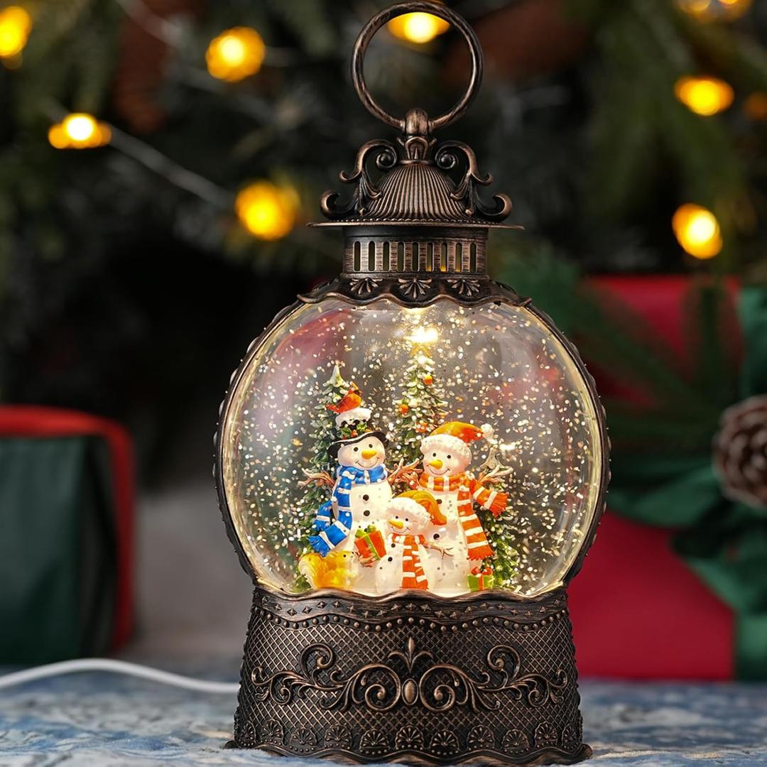 Snow Globe with Snowman Family, Light Up Christmas Snow Globes with Music Timer - USB Plug or Battery Operated Glitter Globe Indoor Christmas Decorations