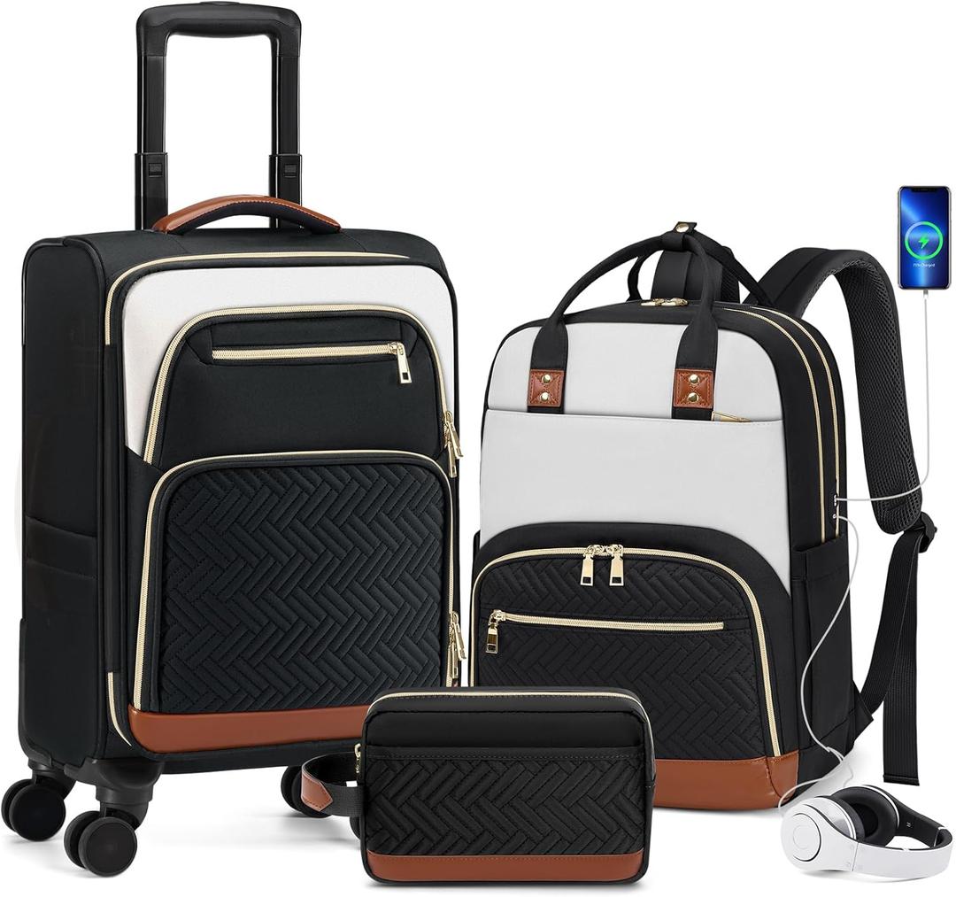 RAINSMORE Carry On Luggage 22x14x9 Airline Approved, 20 Inch Softside Suitcases with Wheels, 3 Piece Luggage Sets, Rolling Carry On Suitcase with TSA Lock for Travel Weekender