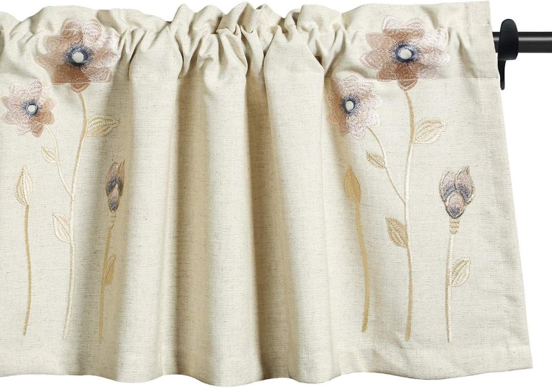 VOGOL Valances for Windows, Pink Floral Embroidered Beige Textured Window Valances for Living Room Rod Pocket Curtain Panels for Farmhouse, 52x18, One Piece (C2)