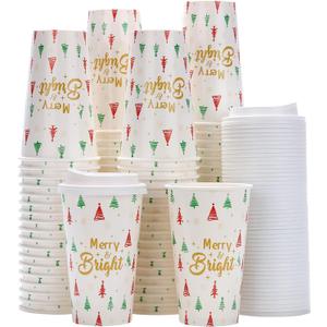 Tamone 100 PACK Christmas Cups 16OZ Disposable Coffee Cups with Lids Leak Proof, Green and Red Christmas Tree Design for Cold/Hot Coffee Beverage Chocolate Cocoa for Home Office (White)