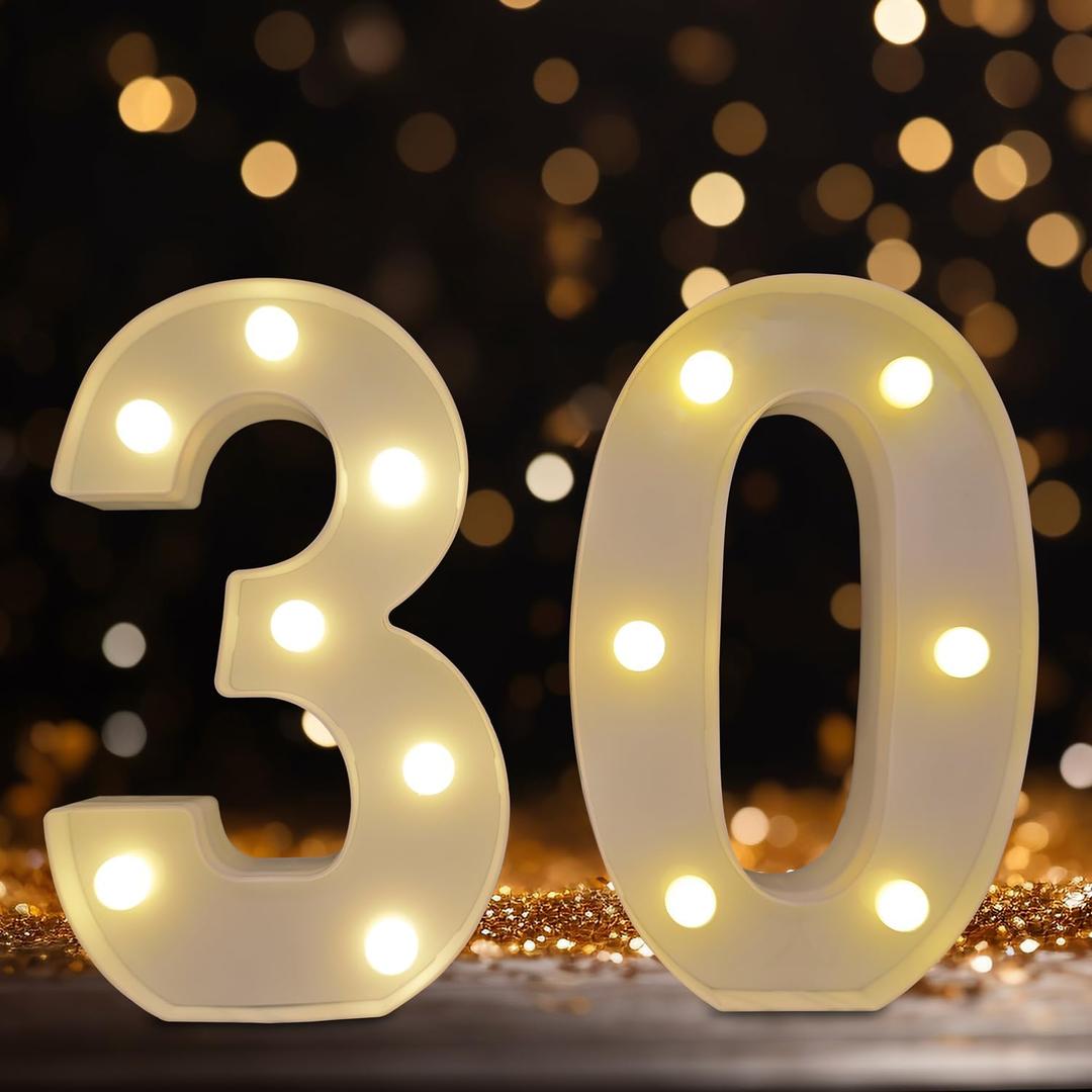 Led Light Up Numbers, 30th Birthday Decorations, Marquee Numbers Lights, Battery Powered Light Up Sign for 30 Decor Party (White)