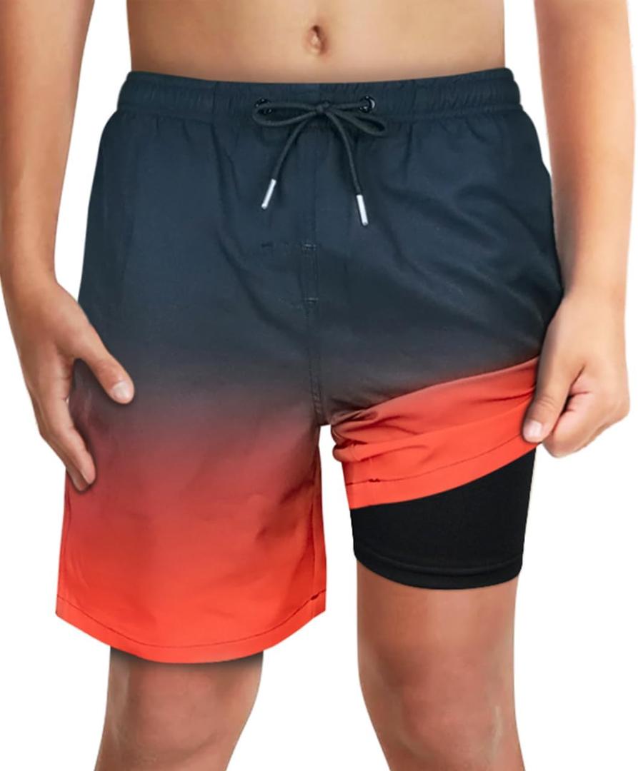 LUCOWEE Boys Swim Bathing Trunks Soft Compression Liner no-Chafing Swimming Shorts Quick Dry Light UPF 50+ Quality Swimsuit (14-16, Black Red Ombre)