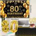 80th Birthday Decorations Men Women with 80th Birthday Banner, Black and Gold Table Cloth, Number Balloons, Large Sash, Cake Topper and Candles