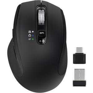 Wireless Mouse with Bluetooth, USB-A, USB-C Receiver, Rechargeable, Full-Size Mouse, Silent, Ergonomic, for MacBook/Laptop/Computer/PC/iPad-Black