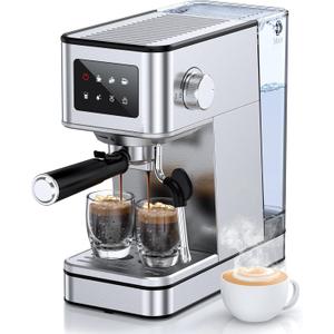 Espresso Machine with Milk Frother, 20 Bar Compact Coffee Machine with Touch Screen & 57.5oz Removable Water Tank for Home, Stainless Steel Espresso Maker for Cappuccino, Latte, Silver
