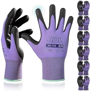 JDL Safety Work Gloves in Nitrile, Garden Gloves for Men & Women, 6 Pairs, Grip with Touchscreen Fingers, Seamless Knit Nylon, Purple, Medium