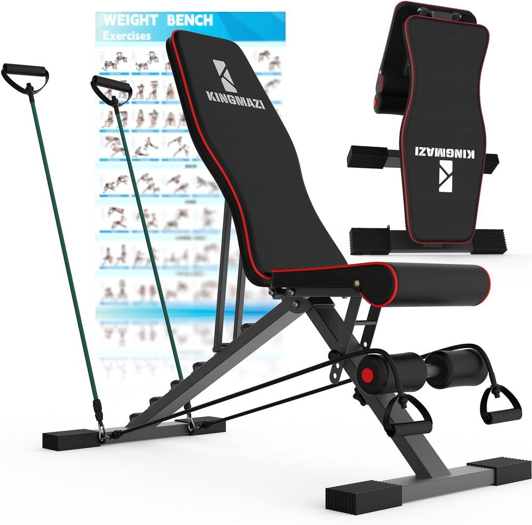 Adjustable Weight Bench, Exercise Workout Bench for Full Body Workout- Multi-Purpose Foldable Bench, Folding Dumbbells Bench with Resistance Band Set (black red)