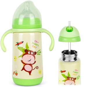 Stainless Steel Insulated Baby Bottle 10oz Medium-Flow Nipple & Straw Lid with Removable Handles, Thermal Water Bottle for Toddler BPA and Phthalates-Free (Monkey)