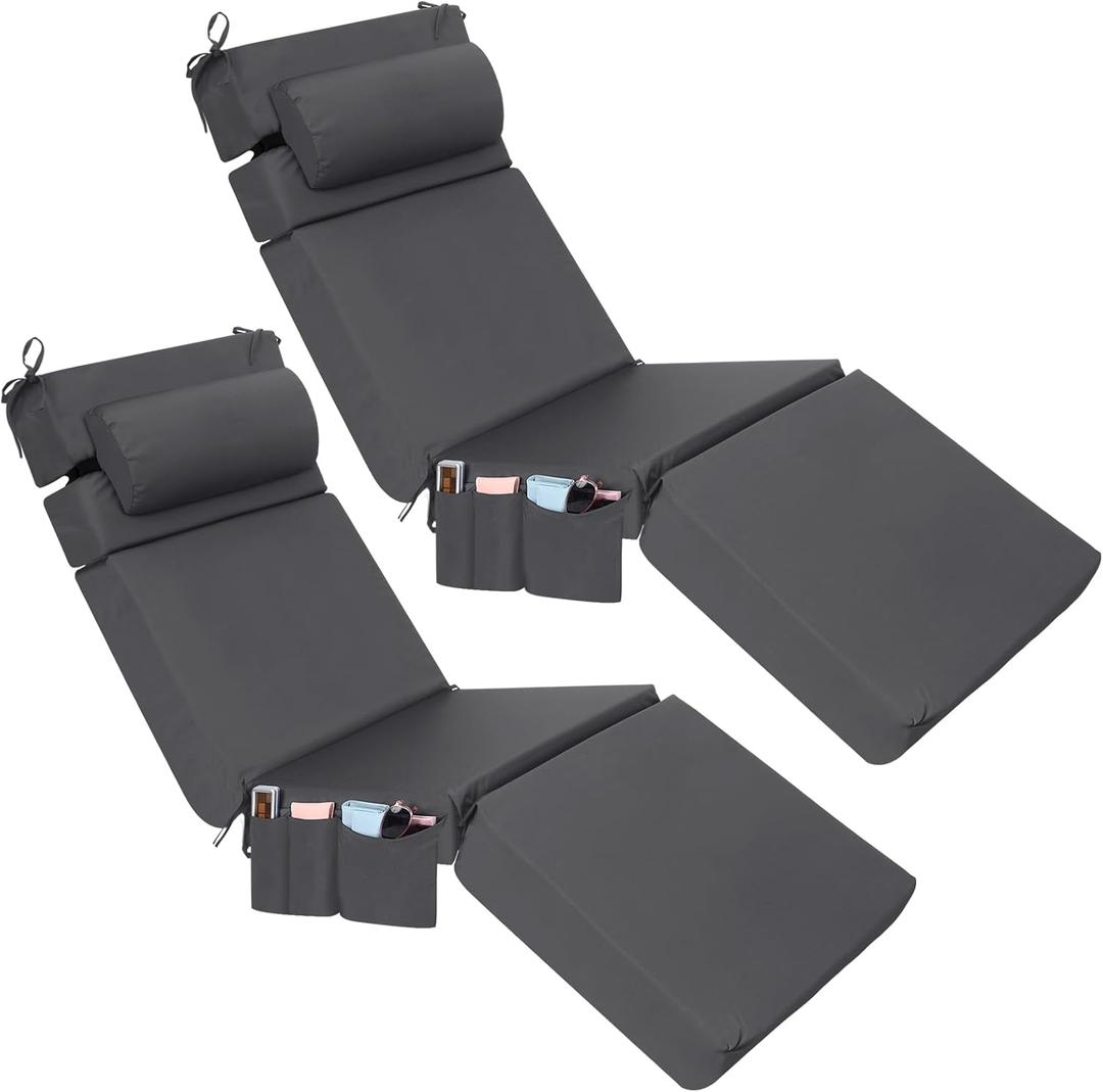 Wenqik 2 Pcs Outdoor Chaise Lounge Cushion with Pillow and Side Pocket Waterproof Lounge Chair Cushions with Pocket on Back 72 x 21 x 4 Inch Patio Pool Replacement Pad (Dark Gray)