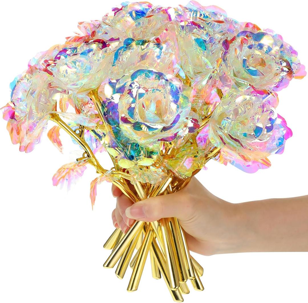 Lyrow 12 Pcs Galaxy Rose Flowers Valentine's Day Gift Flowers with Stems Gift for Her Forever Preserved 24k Fake Crystal Rose for Mother's Day Birthday Wedding Decor, 10'' (White)