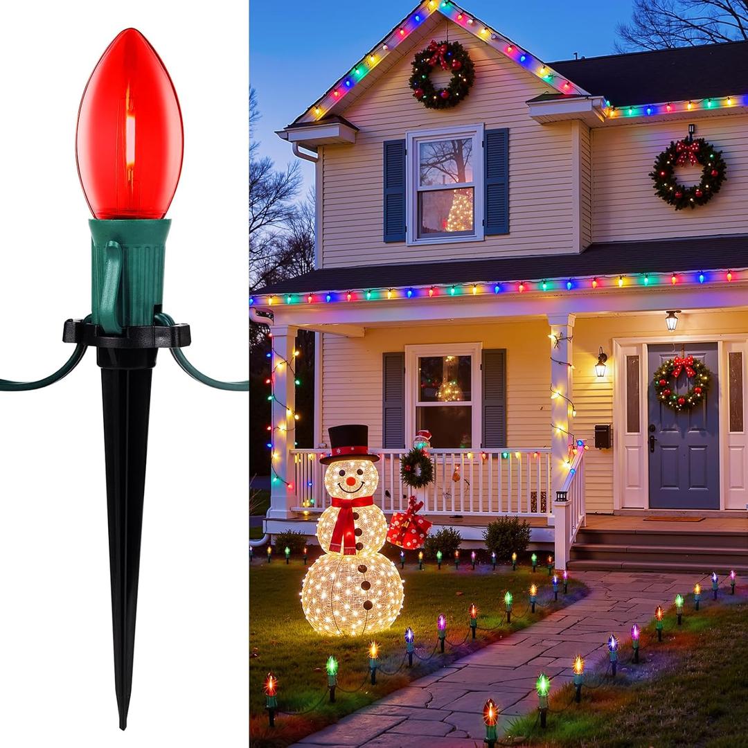 C9 Christmas String Lights Outdoor - 25.7 Feet 20 LED Christmas Pathway Lights with 20 Stakes Connectable Waterproof for Driveways Xmas Holiday Patio Decoration, Multicolored