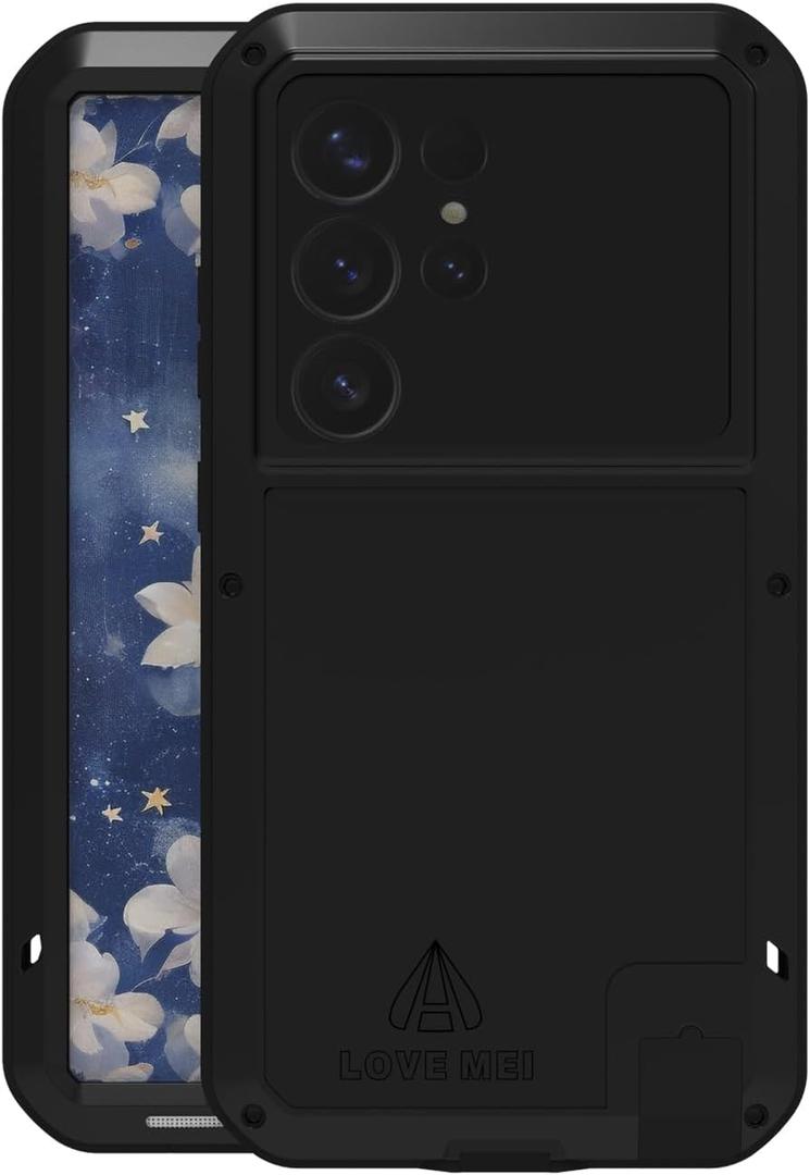 LOVE MEI Military Rugged Case for Samsung Galaxy S25 Ultra, with Tempered Glass Screen Protector, Shockproof Dustproof Scratch Proof Hybrid Metal and Silicone Gel Heavy Duty Full Body Cover (Black)