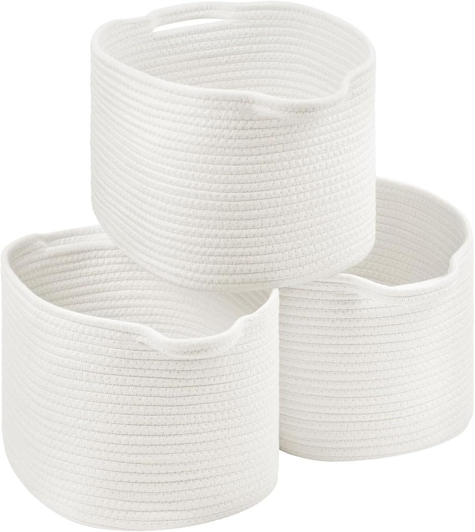 13"x10"x9" Cotton Rope Storage Basket, Woven Baskets with Handles for Organizing Home Office, Shelves, Nursery, Laundry, and Toys,Empty Gift Basket-3 Pack,White