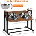 Adjustable Height Pet Feeder Stand with 2 Dishwasher-Safe Stainless Steel Bowls Brown Wood Top & Black Metal Frame Elevated Food/Water Station for Dogs/Cats Under 100LBS