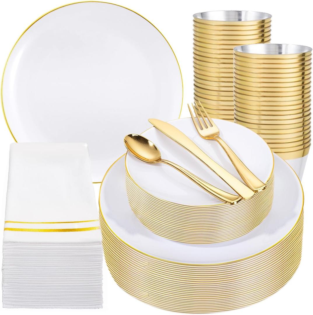 Festiva 350Pcs Gold Plastic Plates - White and Gold Dinnerware Set Disposable include 10" & 7" Plates,Cups,Silverware,Napkins -serve 50 Guests Perfect for Wedding& Easter&Birthday Party
