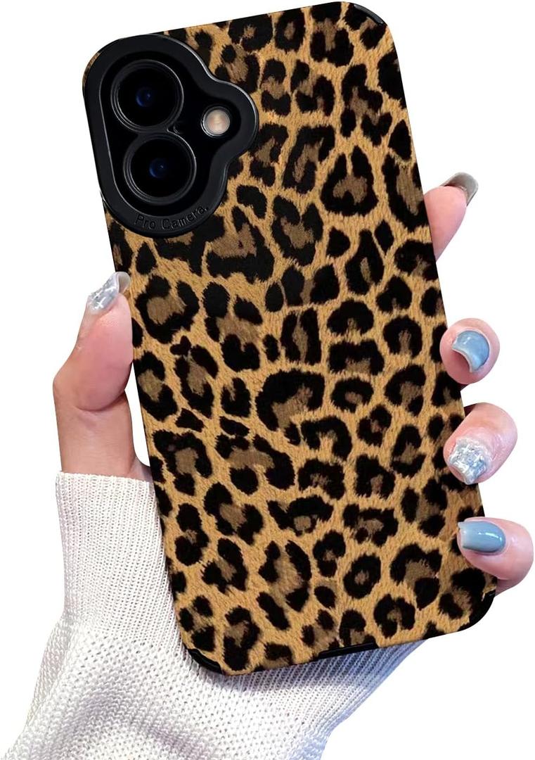 for iPhone 16 Plus Case Cute Brown Leopard Pattern Leather Aesthetic Phone Case for Women Girls Soft Silicone Protective Case for iPhone 16 Plus -Black